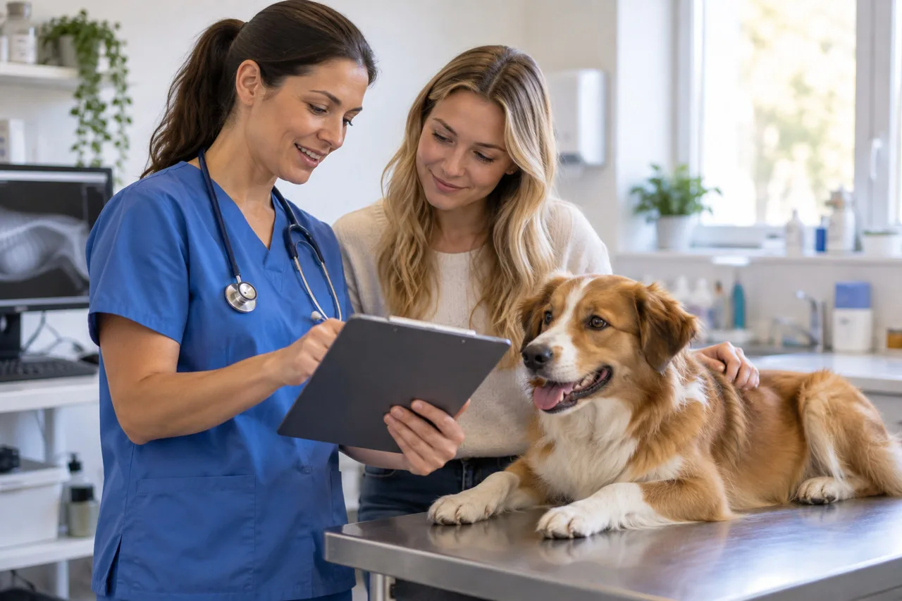 Veterinary professional discussing a tablet beside an owner and dog